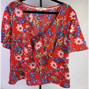 Rewind Red Floral V Neck Tie Front Smocked Waist Short Sleeve‎ Top Plus Size LG